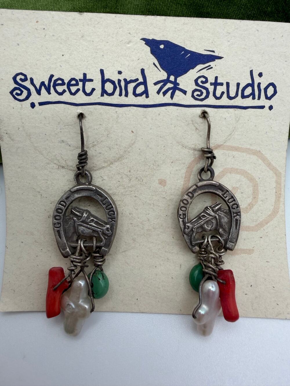 Good Luck" horseshoe earrings from Sweet Bird Studio coral, turquoise, and pearl